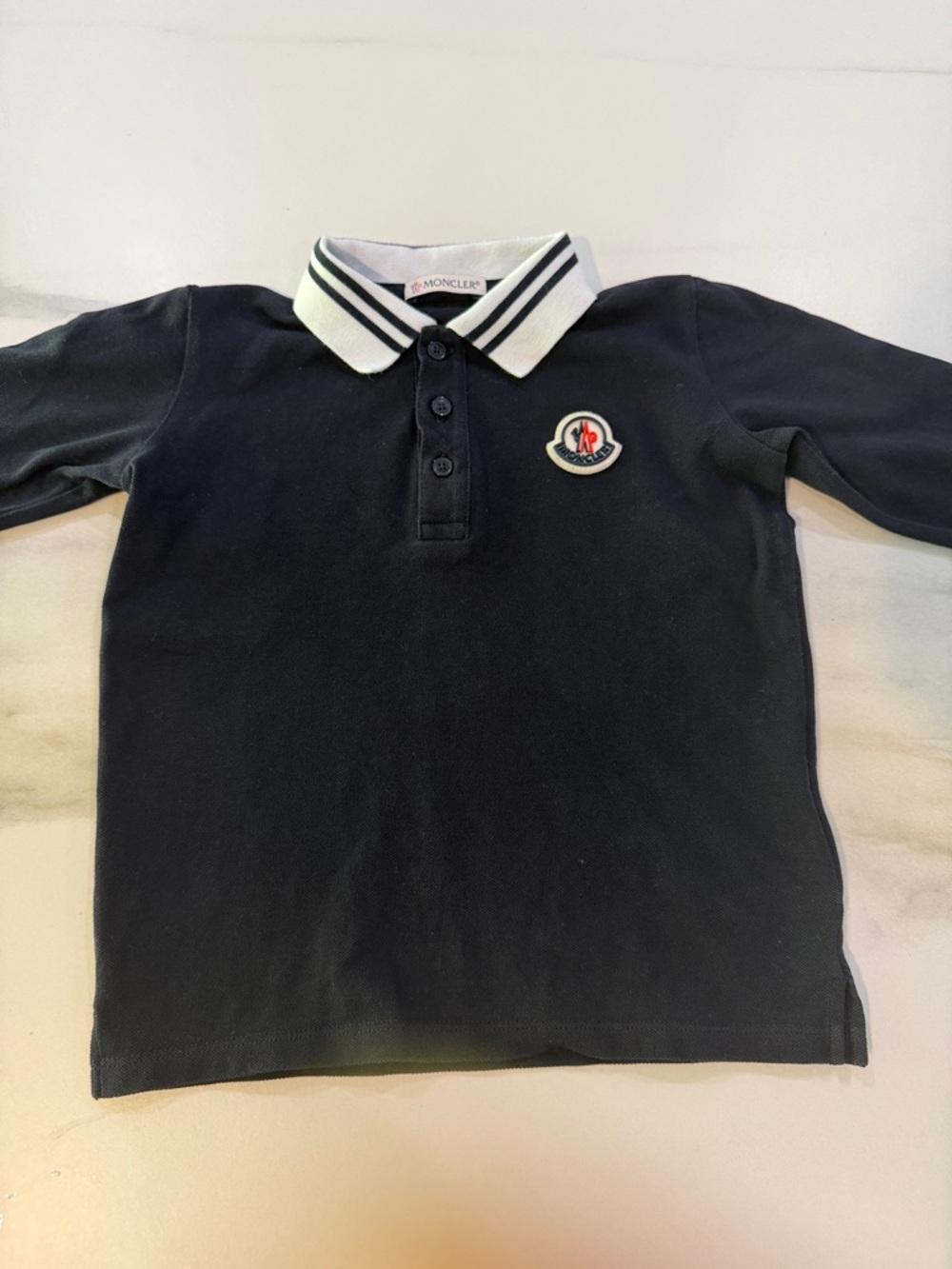 Moncler Navy Polo with White Stripe Collar